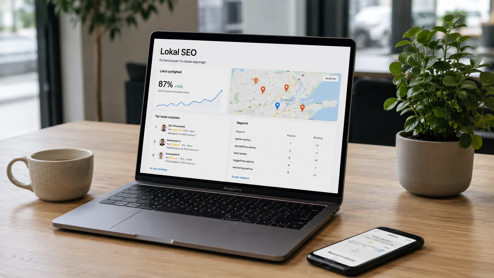 Lokal SEO vist på laptop med Google Maps og lokale søgeresultater