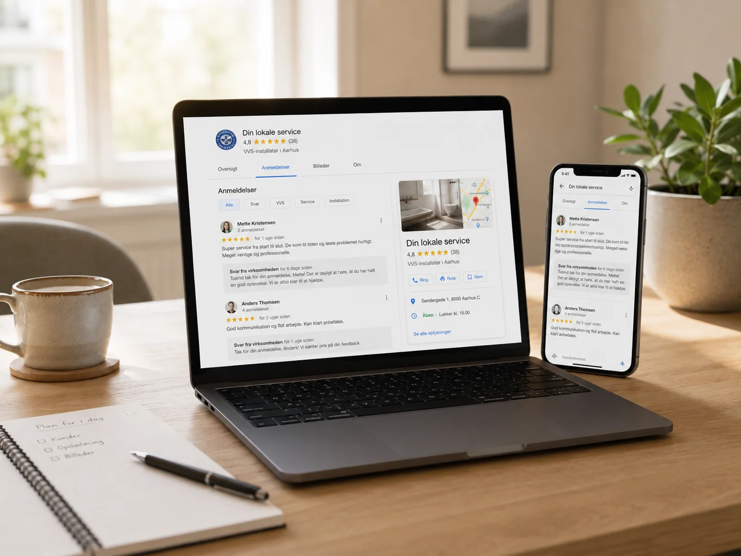 Lokale Google-anmeldelser vist på mobil og laptop