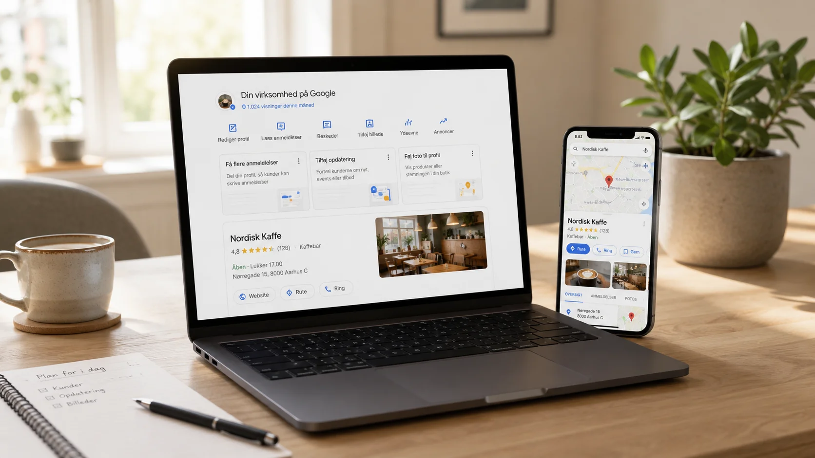 Google Business Profile vist på en laptop i et lyst dansk arbejdsmiljø