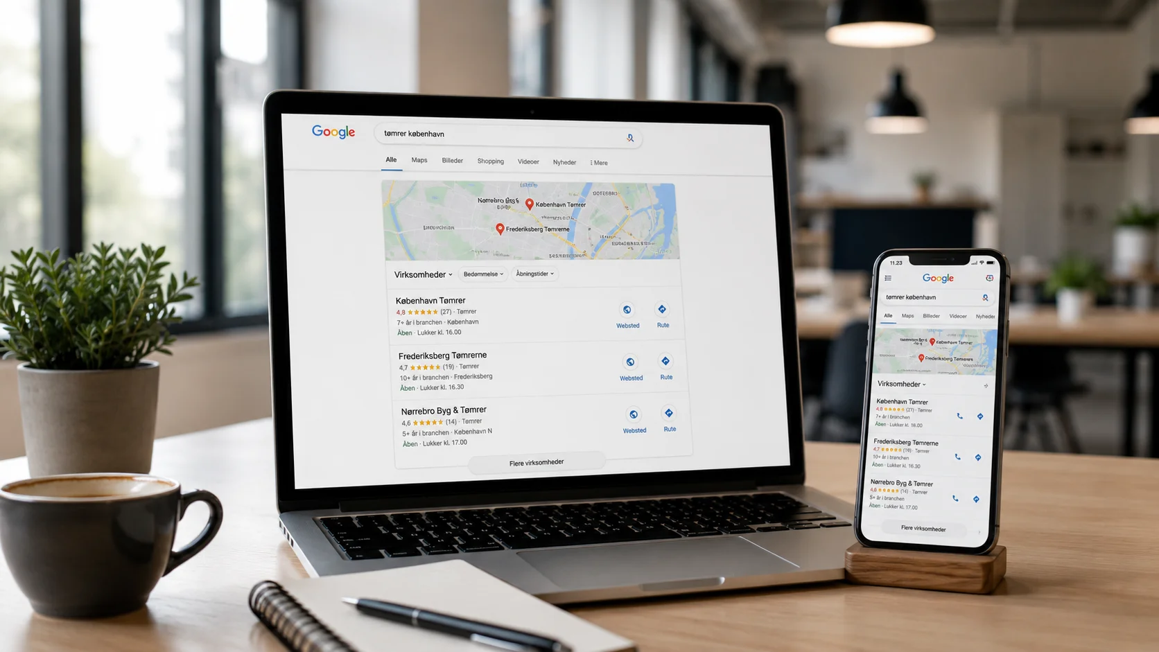 Google 3-Pack lokal SEO vist på laptop og mobil