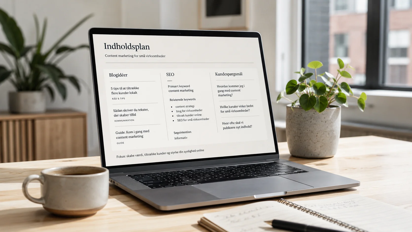 Content marketing til små virksomheder vist på laptop i moderne kontormiljø