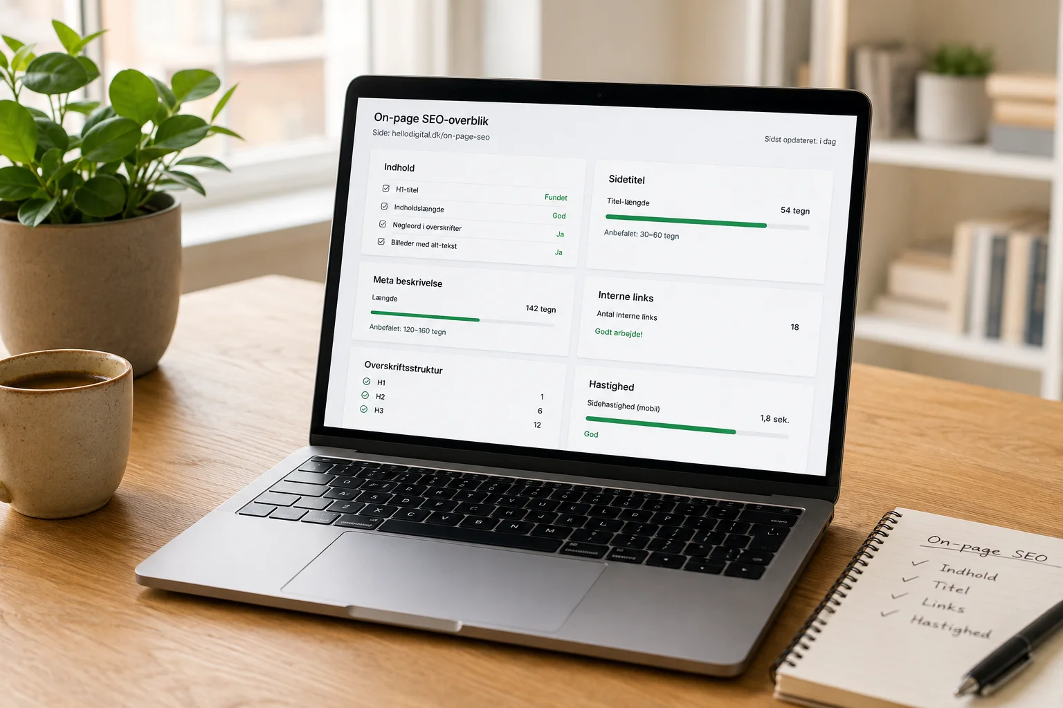 Performance-dashboard med LCP, INP og CLS på en laptop