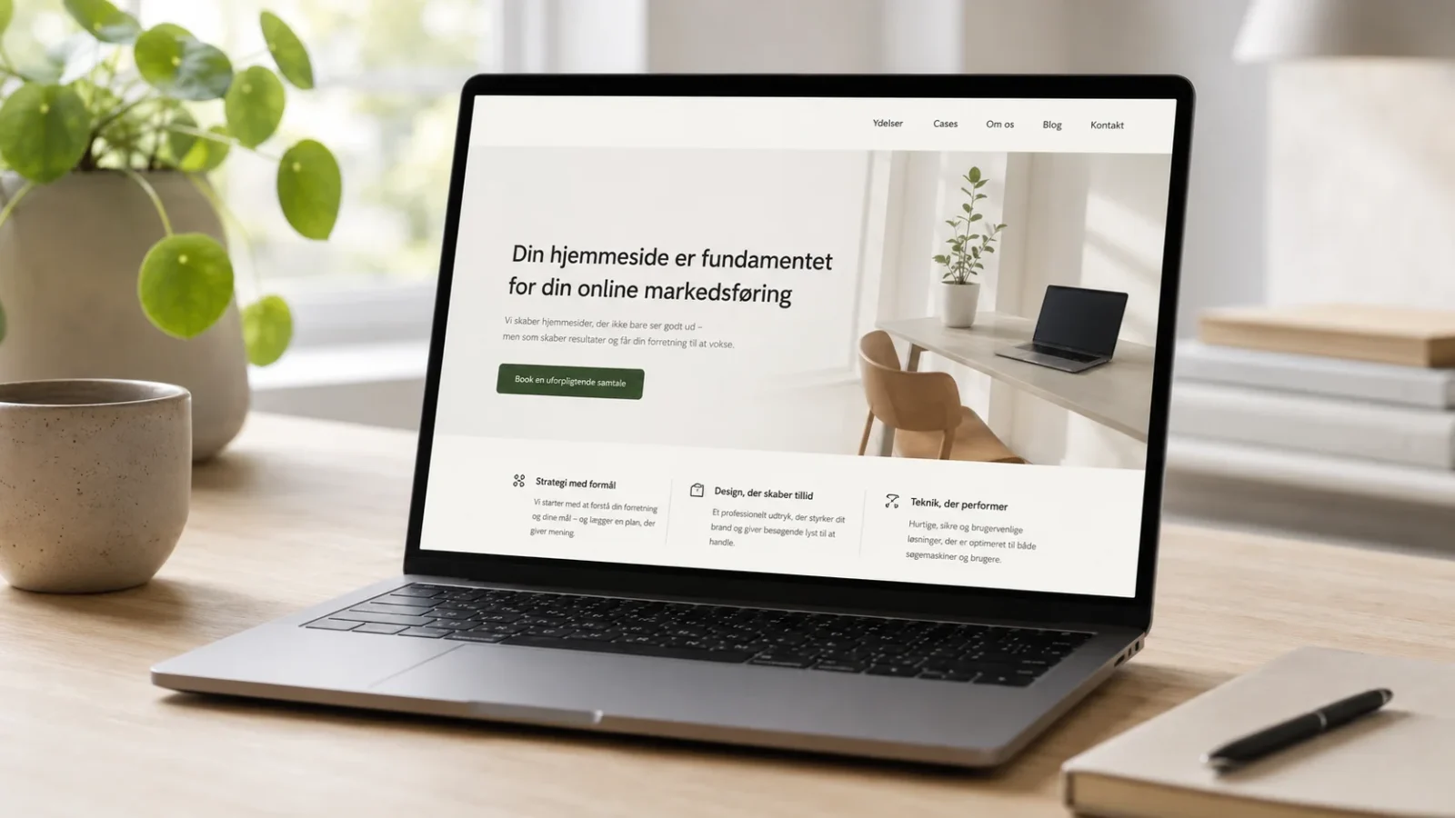 Moderne hjemmeside på laptop som fundament for online markedsføring