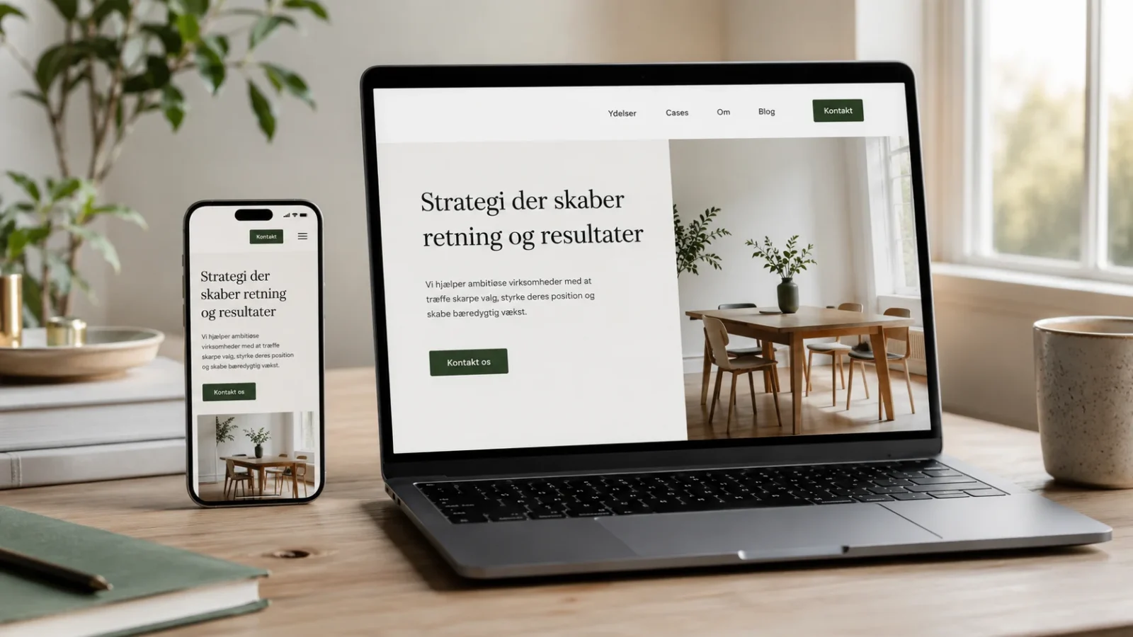 Mobilvenlig hjemmeside vist på smartphone og laptop