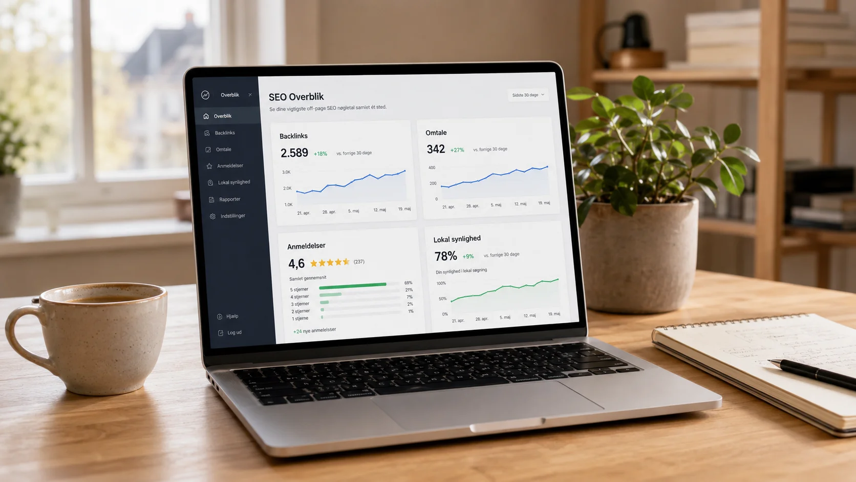 Off-page SEO vist på laptop med links, anmeldelser og lokale signaler
