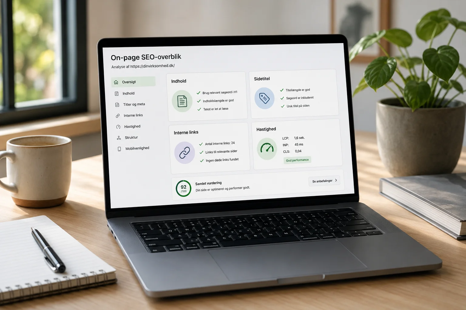 On-page SEO-analyse vist på en laptop i et lyst kontormiljø