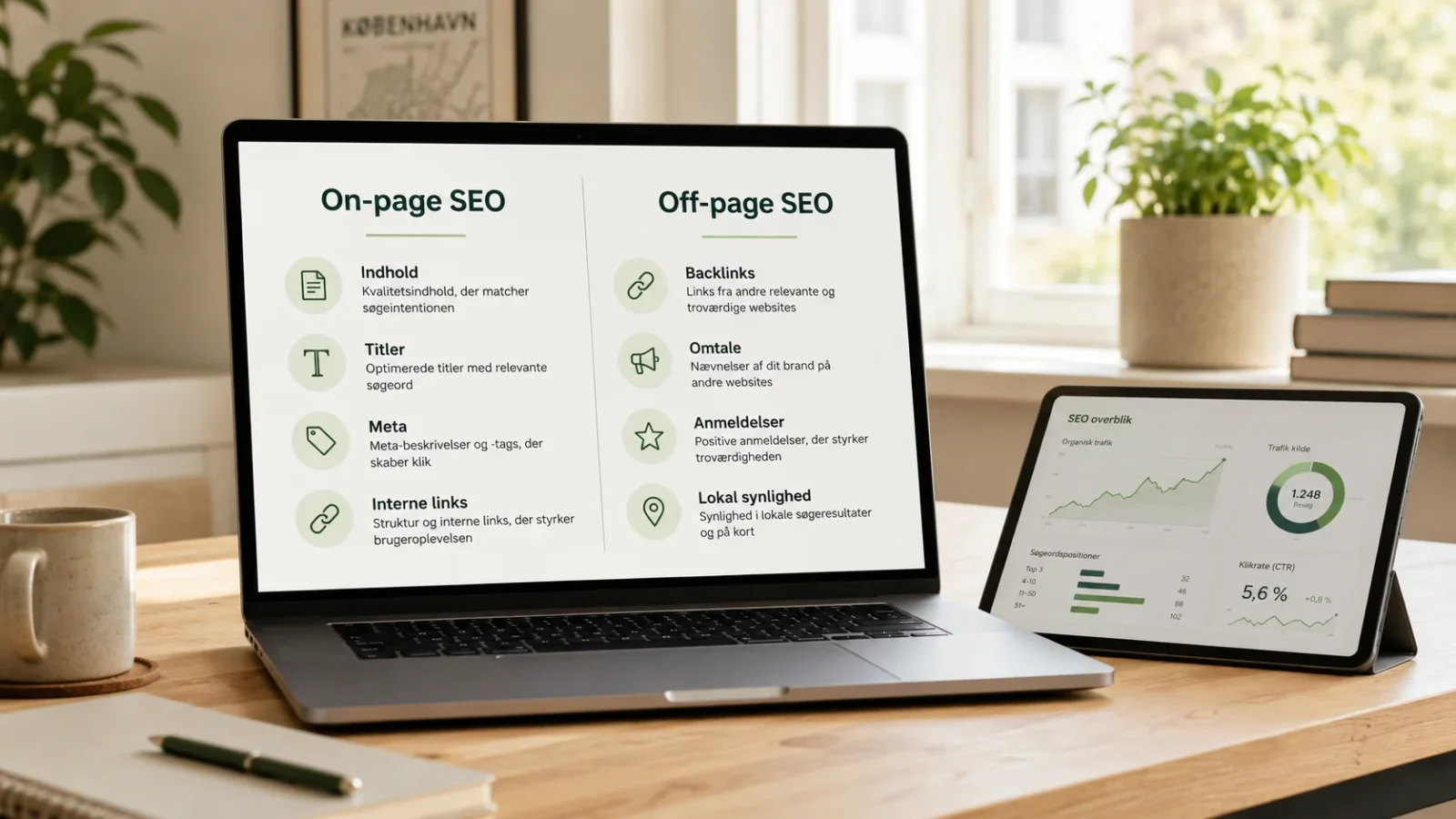 Sammenligning af on-page og off-page SEO på computerskærm