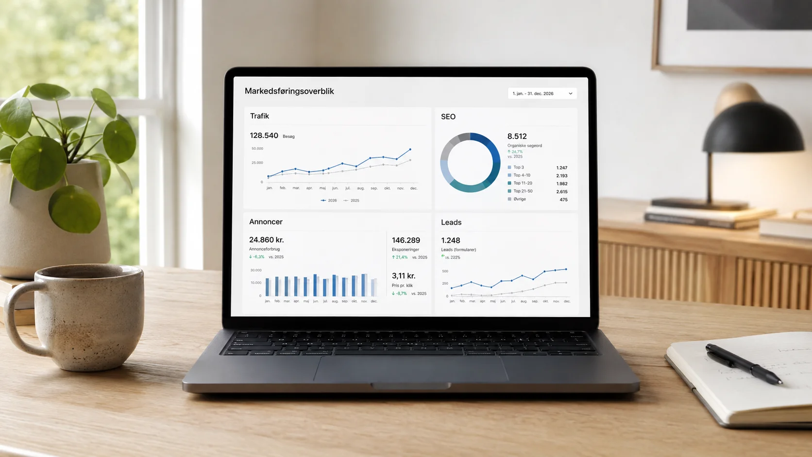 Online markedsføring vist på laptop med marketingdashboard