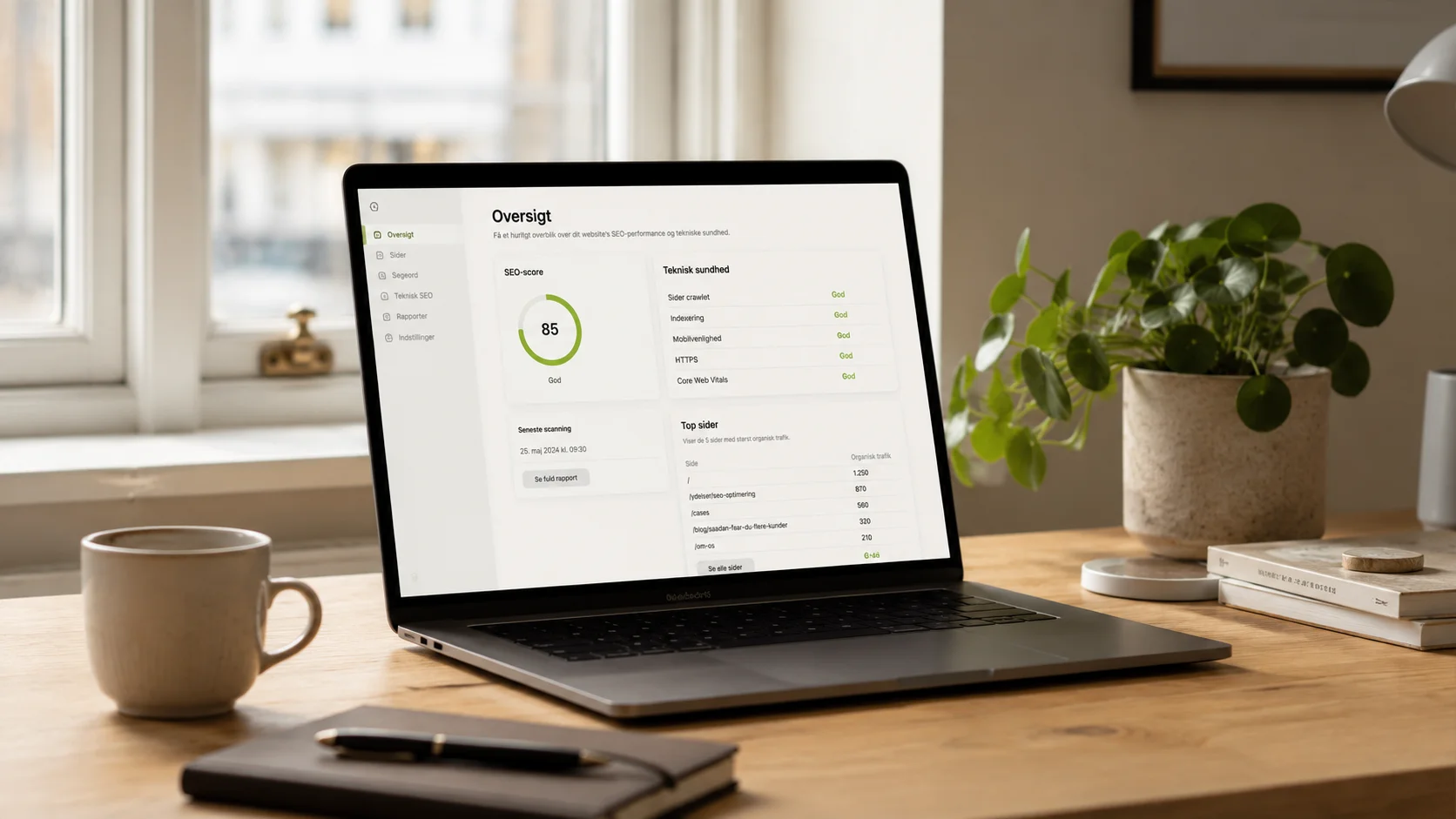 SEO-venlig hjemmeside vist på laptop i et lyst kontormiljø
