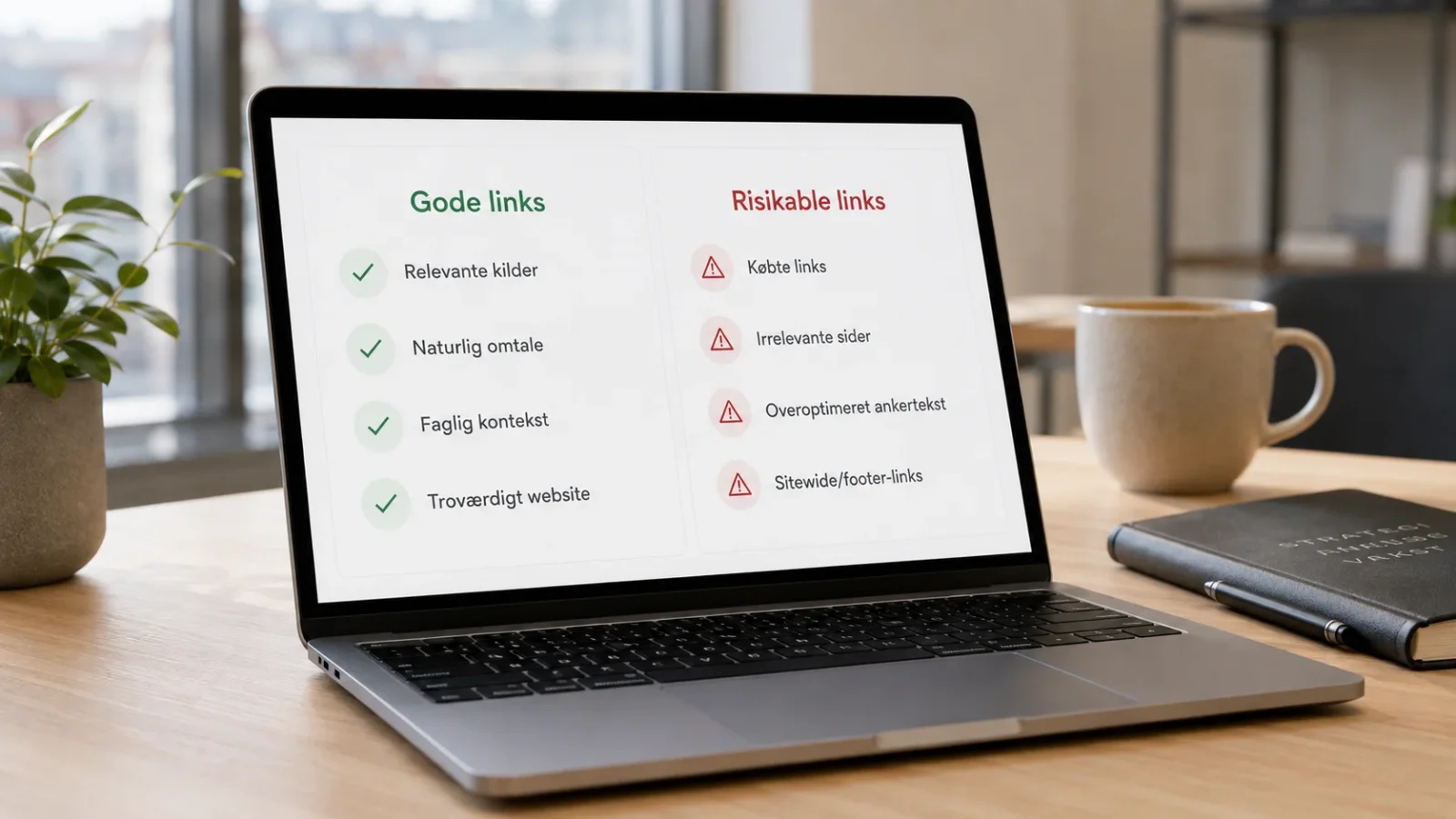 Laptop med visuel sammenligning af gode links og risikable links