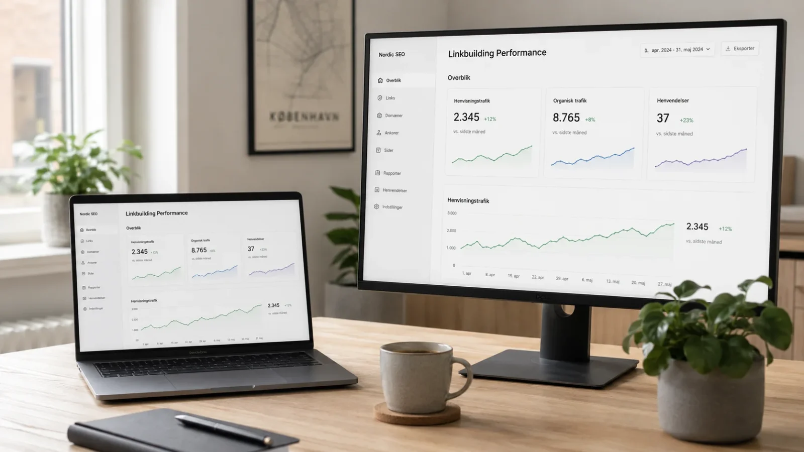 SEO-dashboard med måling af linkbuilding, trafik og henvendelser