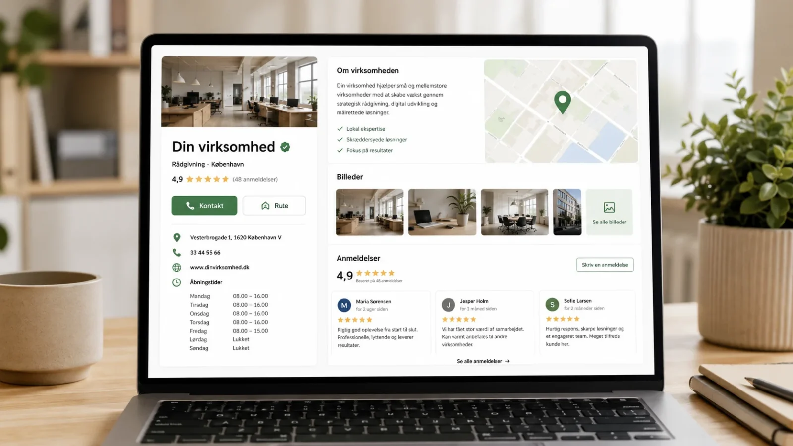 Skærm/mockup med virksomhedsprofil, anmeldelser, billeder og kontaktoplysninger.