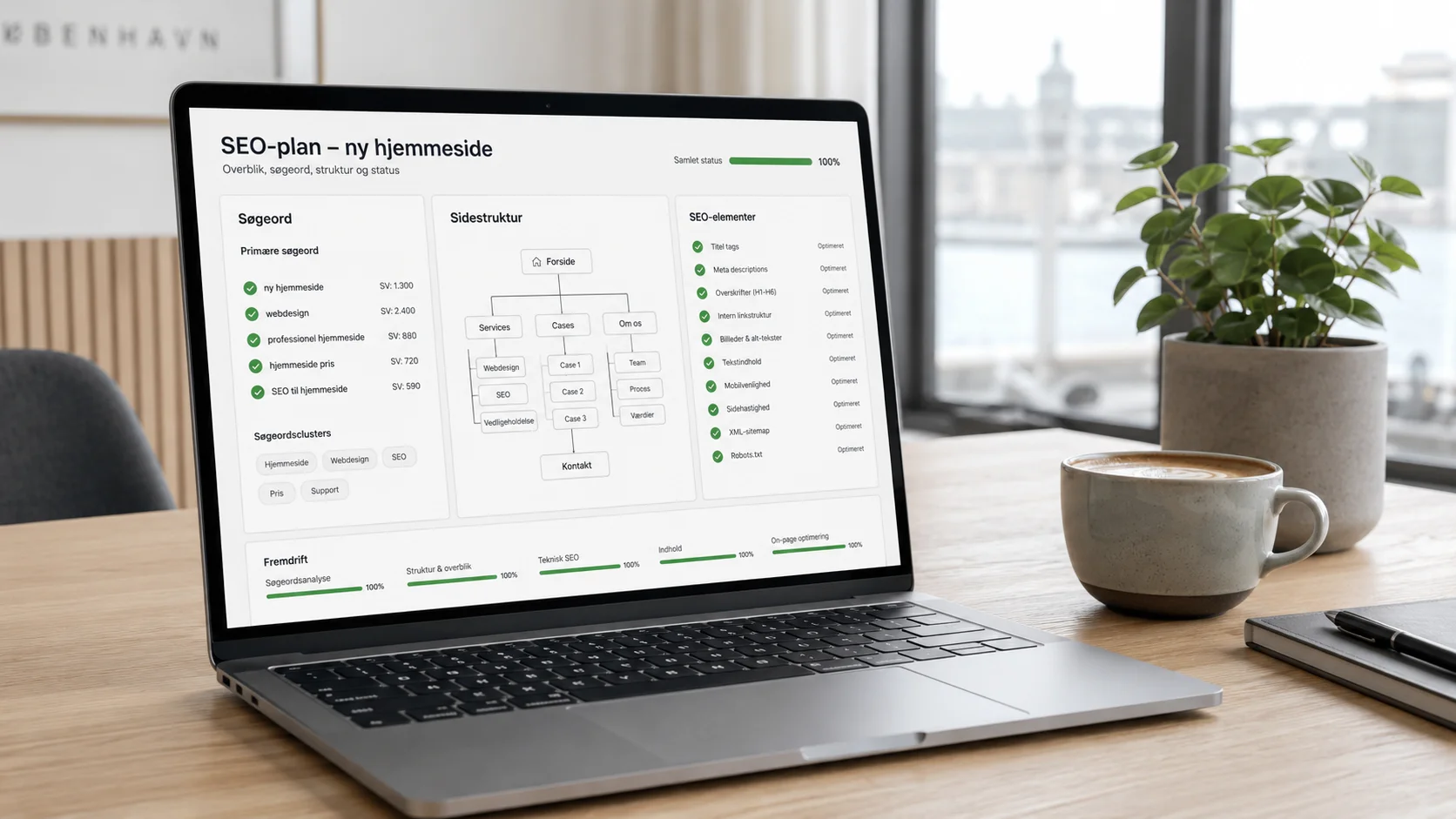 SEO til ny hjemmeside vist på laptop med søgeordsstruktur og Google-resultater