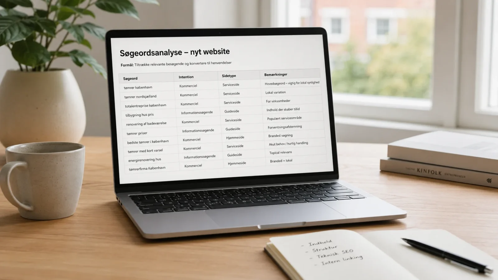 Søgeordsanalyse til ny hjemmeside på laptop med danske søgeord og noter