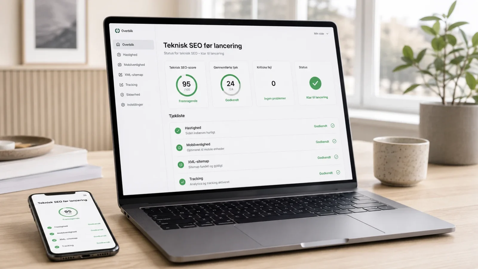 Teknisk SEO før lancering med hastighed, mobilvenlighed og sitemap på skærm