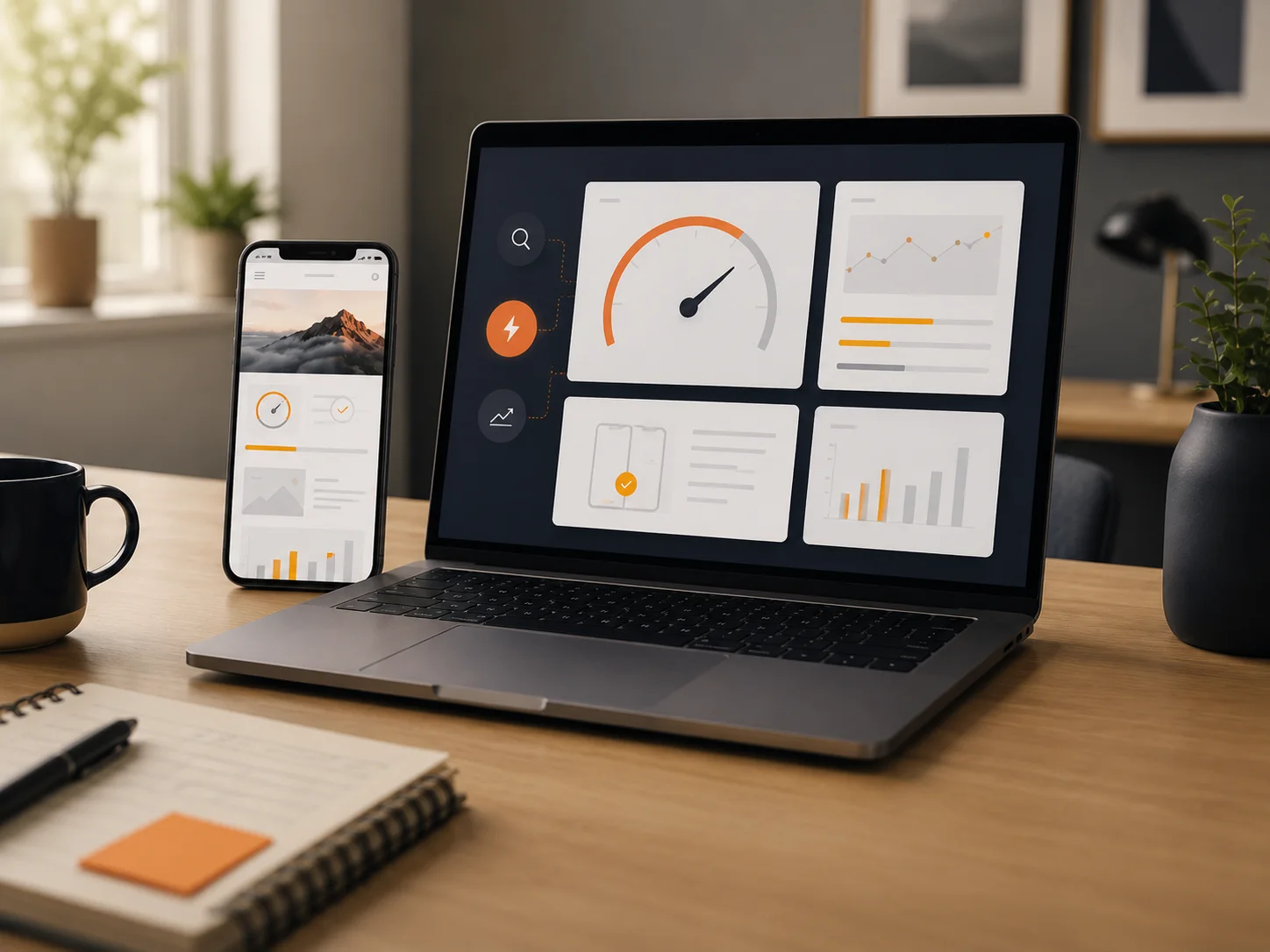 Laptop og mobil med performance-dashboard, hastighedsmåling og SEO-grafer

