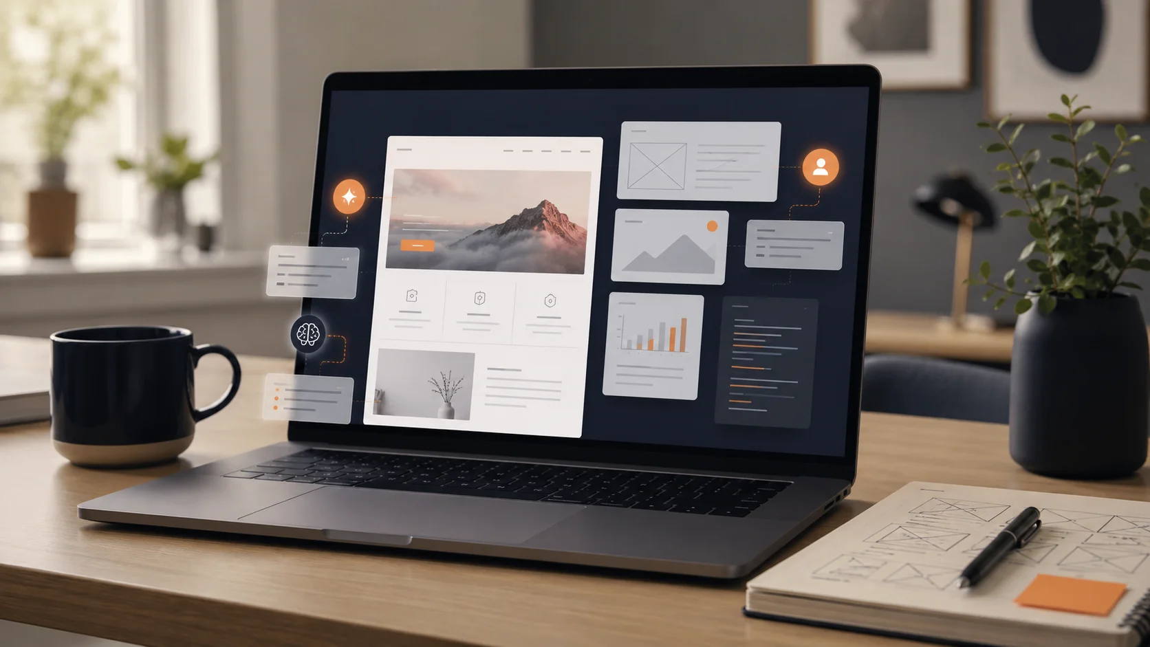 AI website builder på laptop med hjemmeside-layout, wireframes og digitale forslag til webdesign