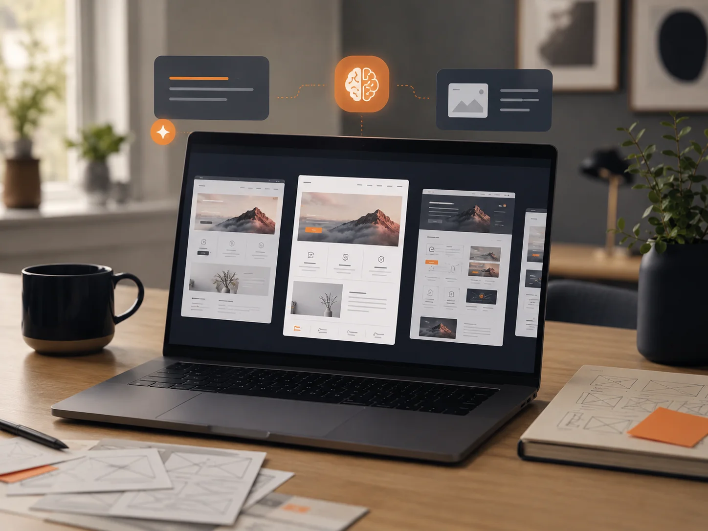 Laptop med flere AI-genererede hjemmeside-layouts og wireframe-forslag