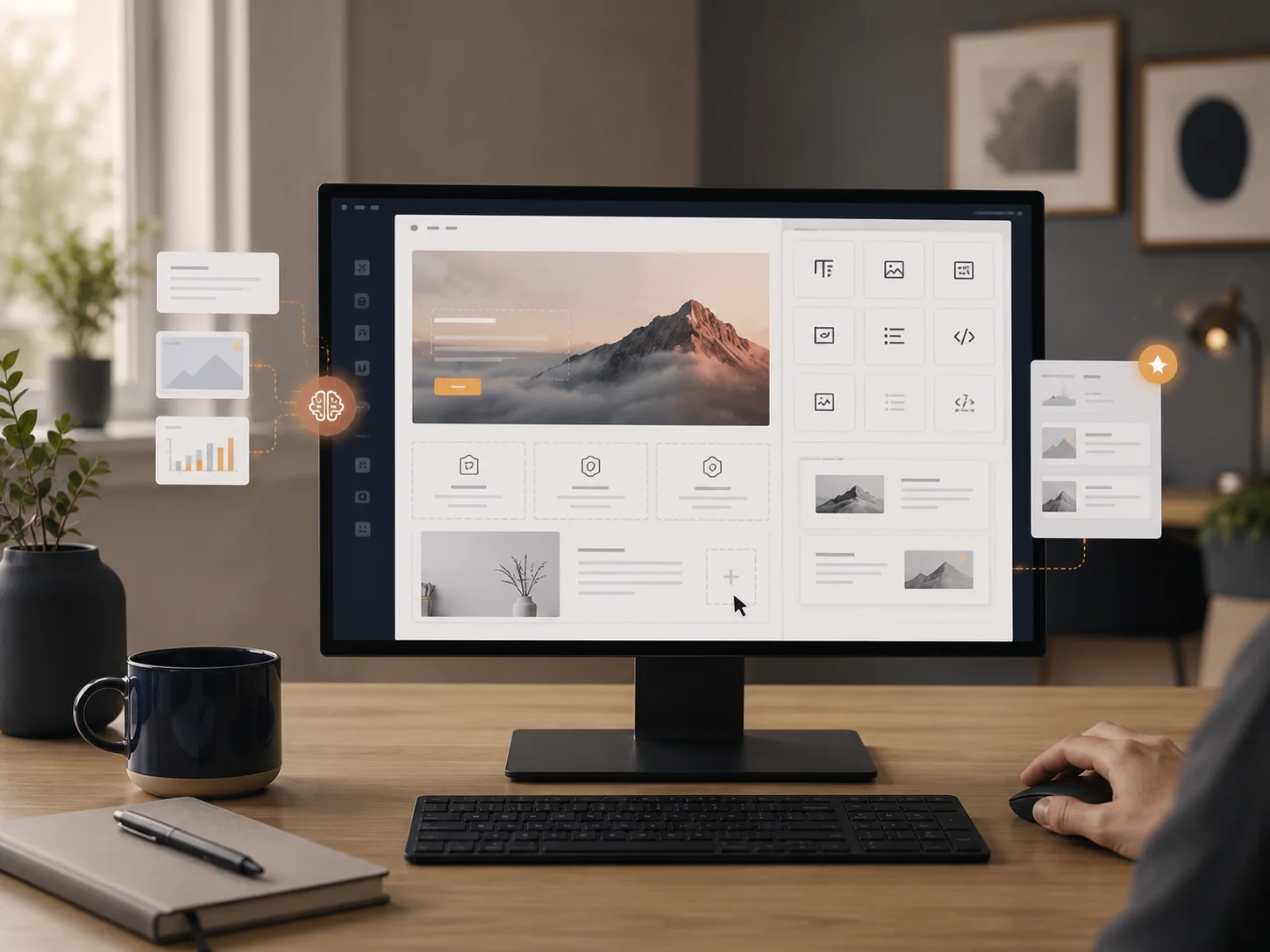 Skærm med block-based hjemmesidebygning inspireret af WordPress og AI-forslag