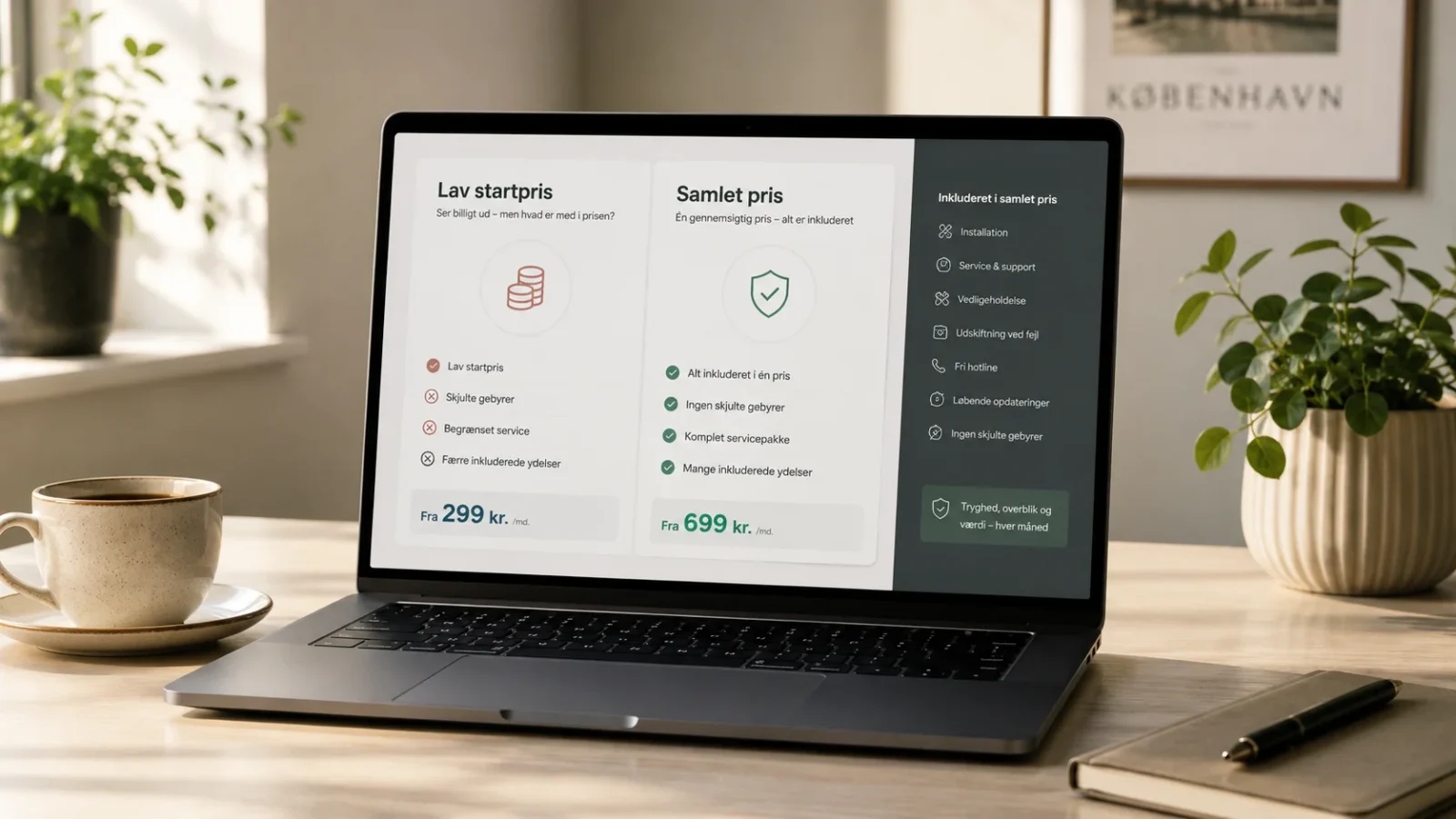 Sammenligning af lav startpris og samlet pris for hjemmeside