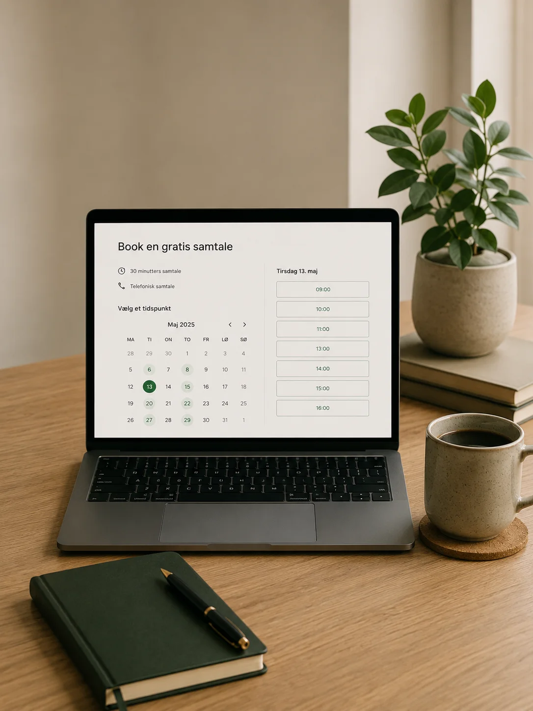 Højformat billede med laptop og bookingkalender, kaffekop, plante og notesbog til CTA-sektion om gratis samtale.