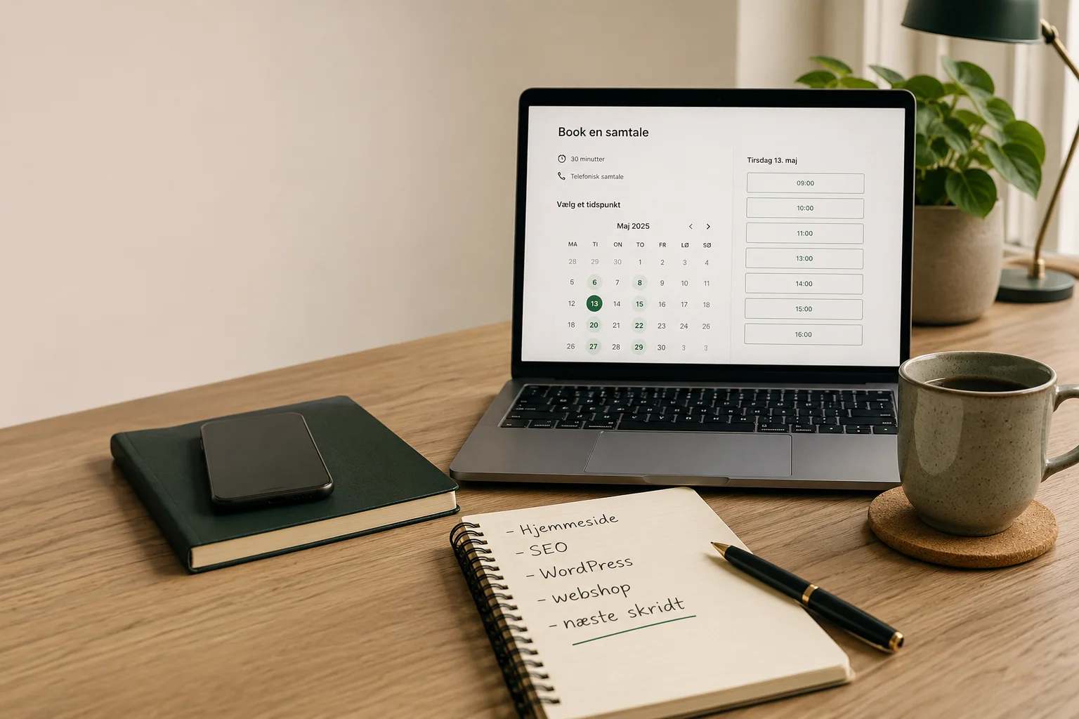 Laptop med kalenderbooking på skrivebord, kaffekop, notesbog og plante til booking-side om gratis samtale hos Hellodigital.
