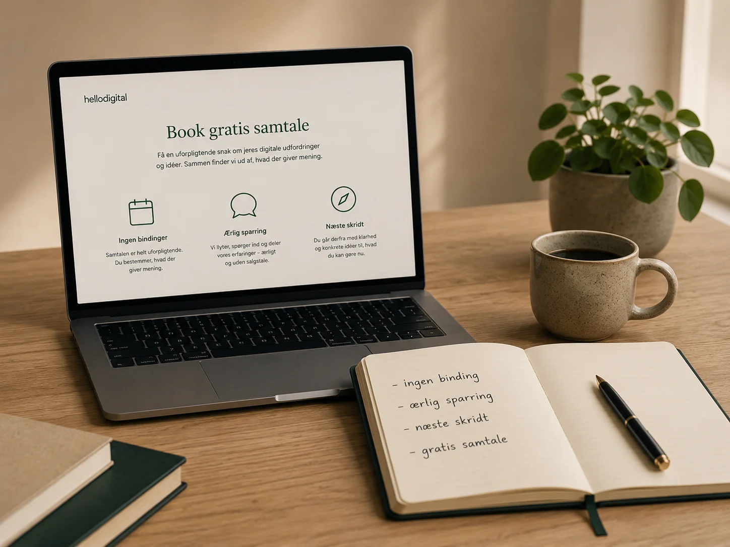 Laptop og åben notesbog med stikord om ingen bindinger, ærlig sparring og næste skridt på skrivebord.