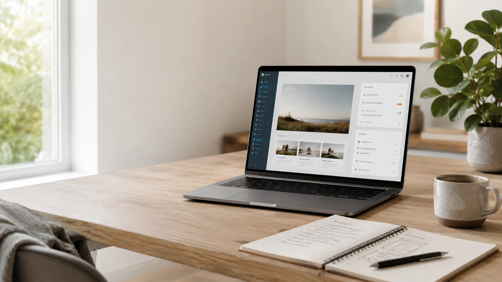 Digital rådgiver til SMV med laptop, hjemmesideoverblik, notesbog, kaffe og plante på roligt skrivebord