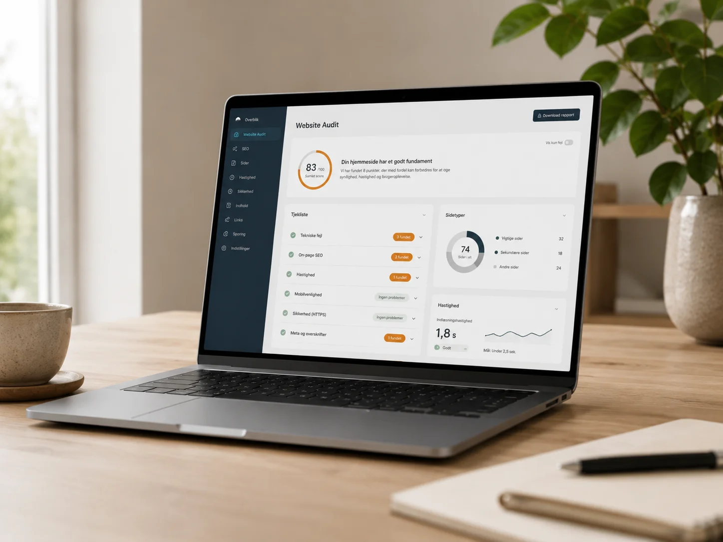 Laptop med website audit dashboard, tjekliste og grafer til digital gennemgang af hjemmeside