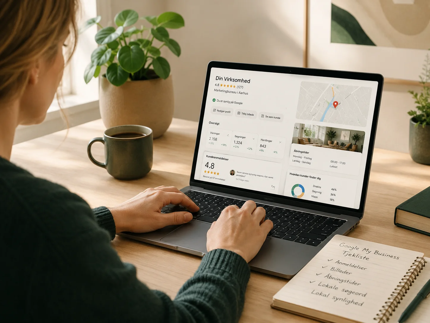 Person arbejder ved laptop med Google My Business-lignende dashboard, anmeldelser, åbningstider og lokal synlighed
