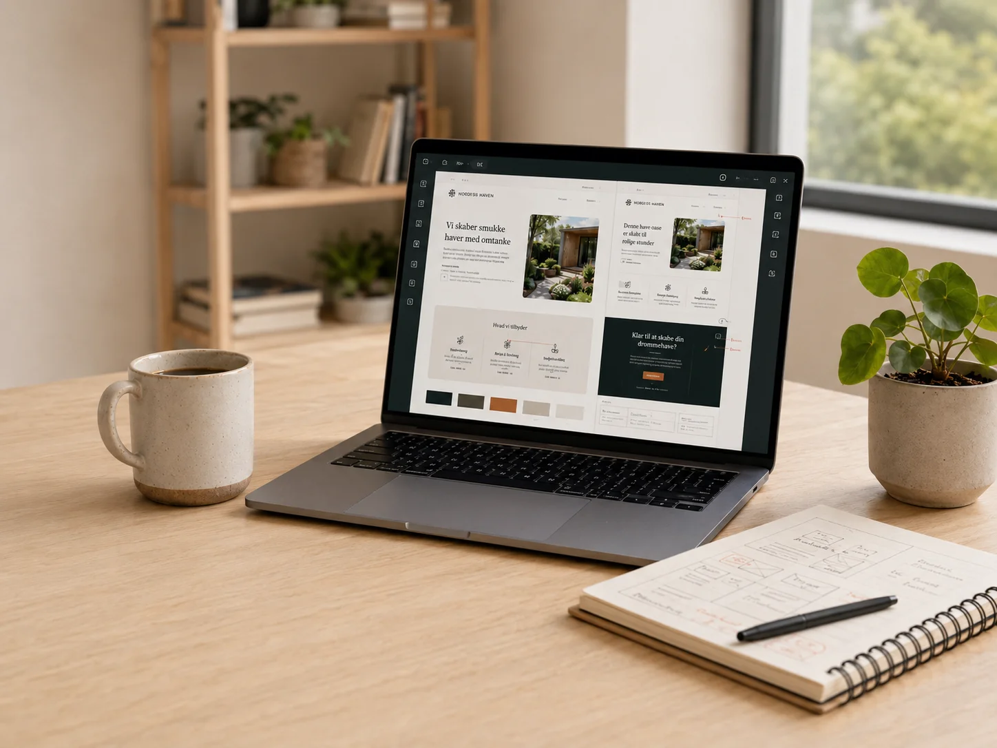 Laptop med hjemmeside mockup og notesbog med designnoter til ærlig webdesign sparring