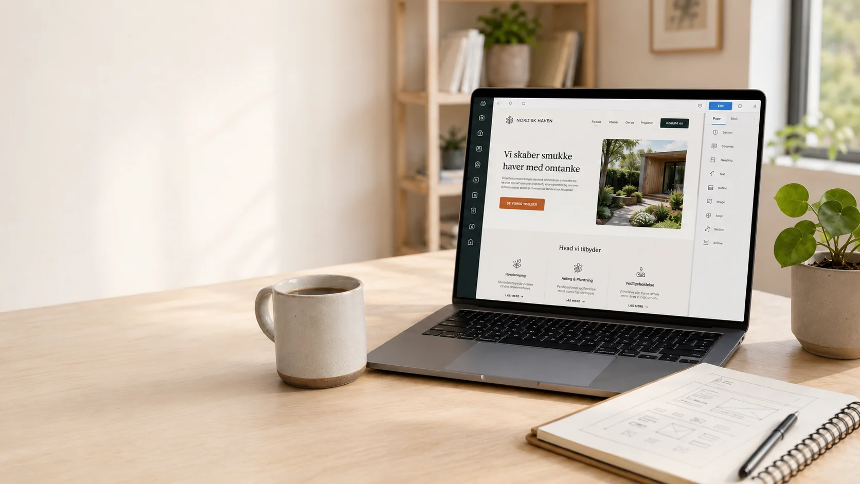 Laptop på skrivebord med WordPress-inspireret hjemmeside-layout til gratis designudkast