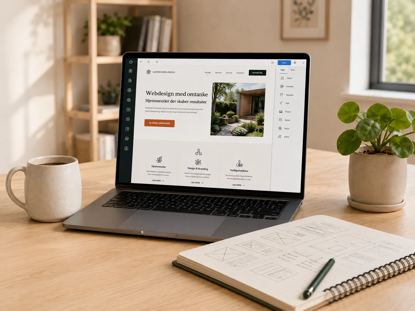 Laptop med hjemmeside-layout og notesbog med wireframe-skitser til nyt webdesign