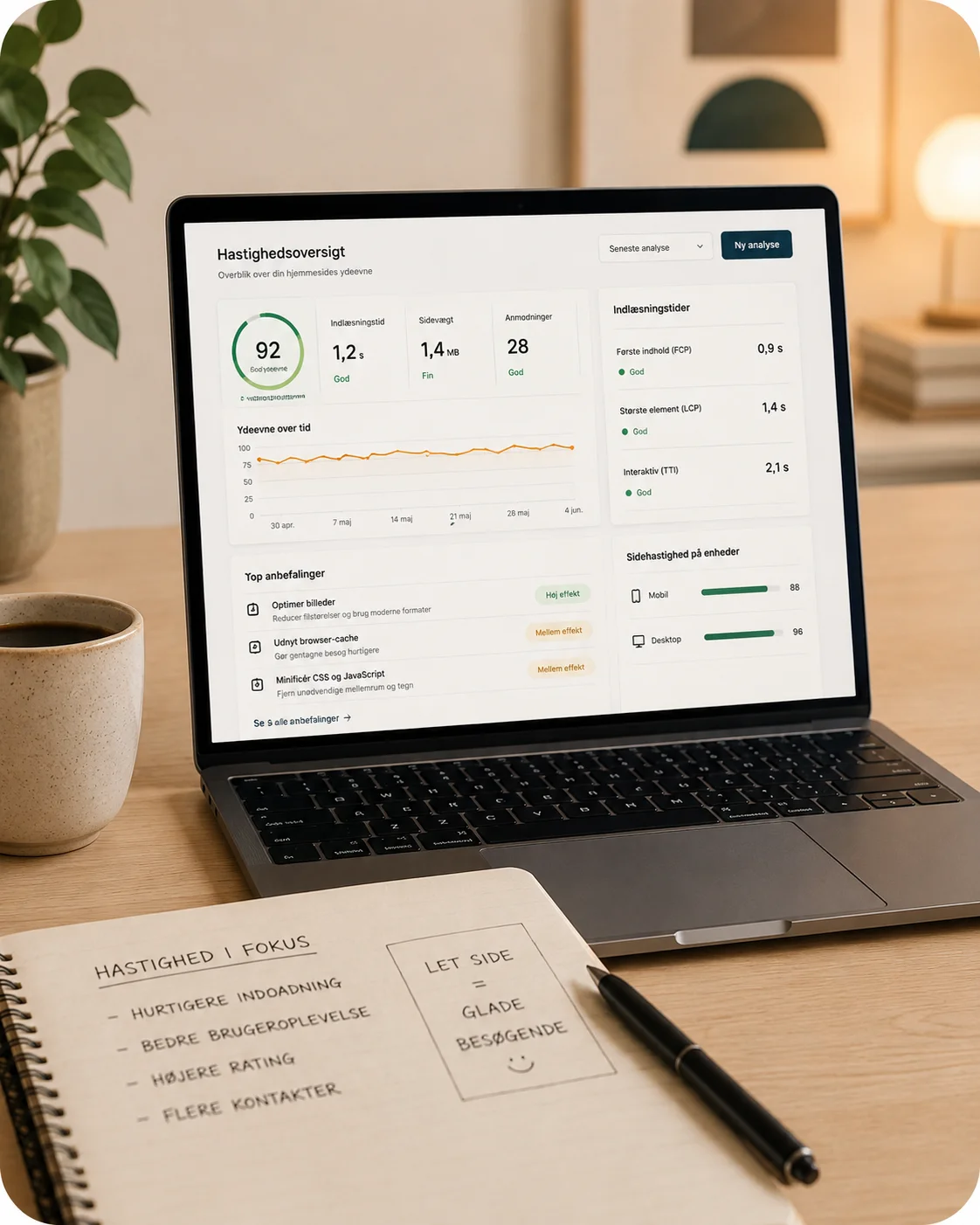 Laptop med hastighedsanalyse af WordPress-hjemmeside på et roligt kontorbord
