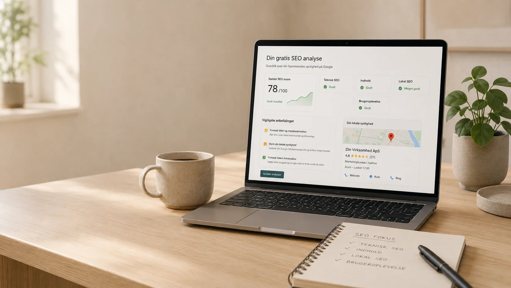 Laptop på skrivebord med gratis SEO analyse, kaffe, plante og notesbog i roligt kontormiljø