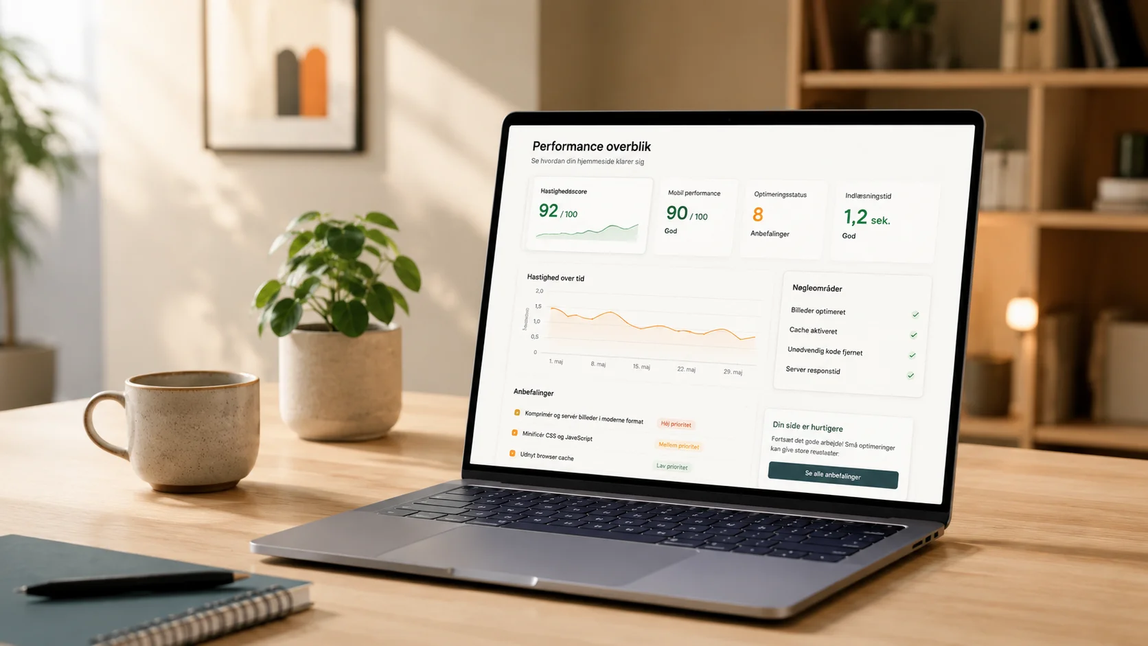 Laptop med performance-dashboard til gratis hastighedsanalyse af hjemmeside
