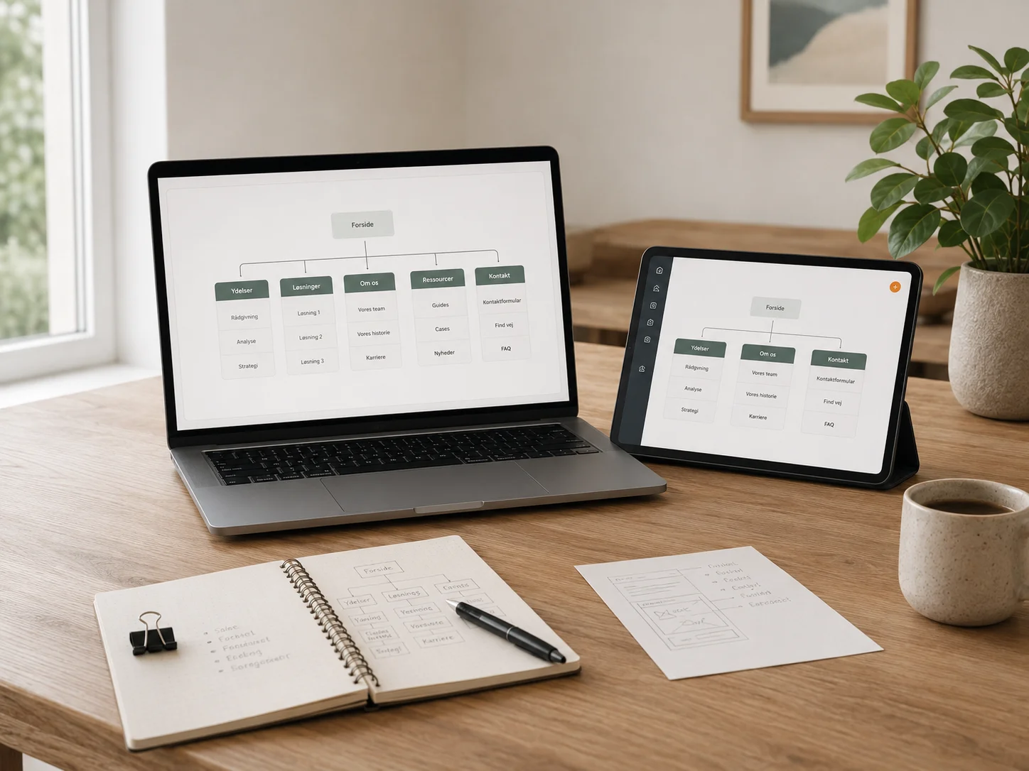 Laptop og tablet viser enkel hjemmesidestruktur og sitemap på roligt kontorbord