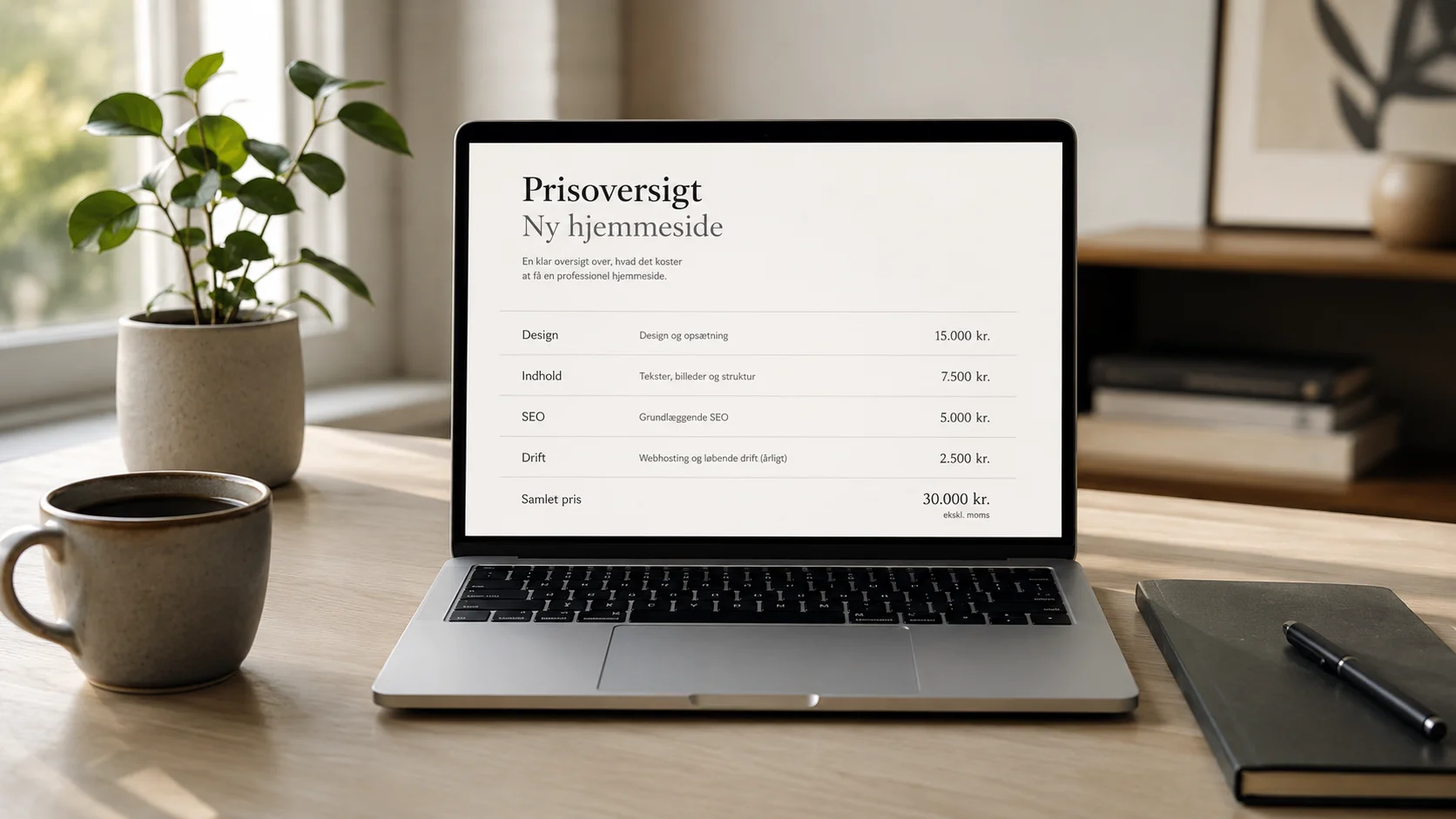 Laptop med prisoversigt for ny hjemmeside til lokal virksomhed i Tønder