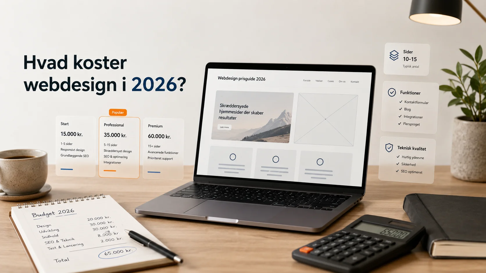 Webdesign prisguide 2026 vist på laptop med budget og hjemmeside-layout