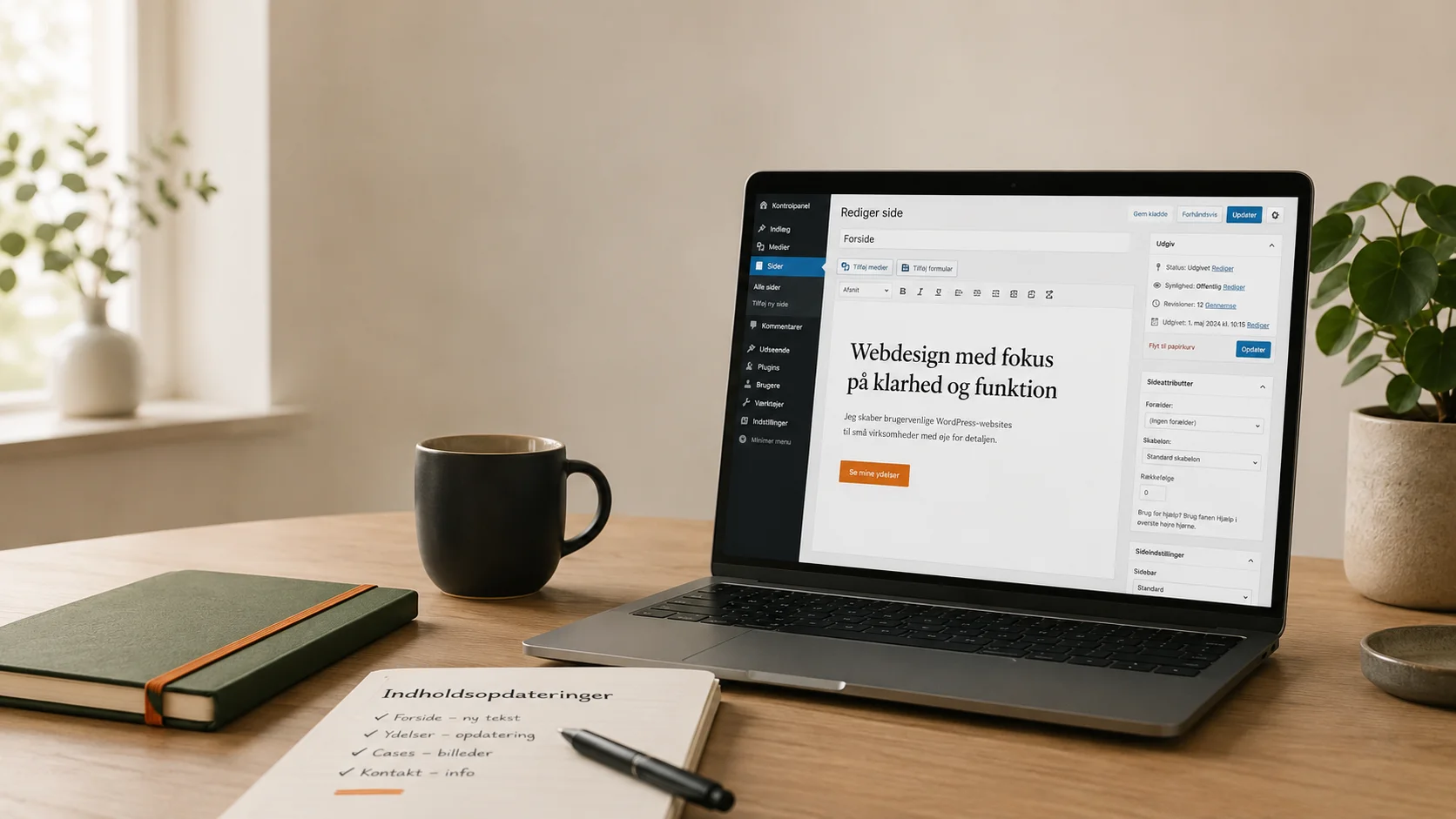 Bredformat billede af hjemmekontor med laptop og noter til hjemmesideopdatering