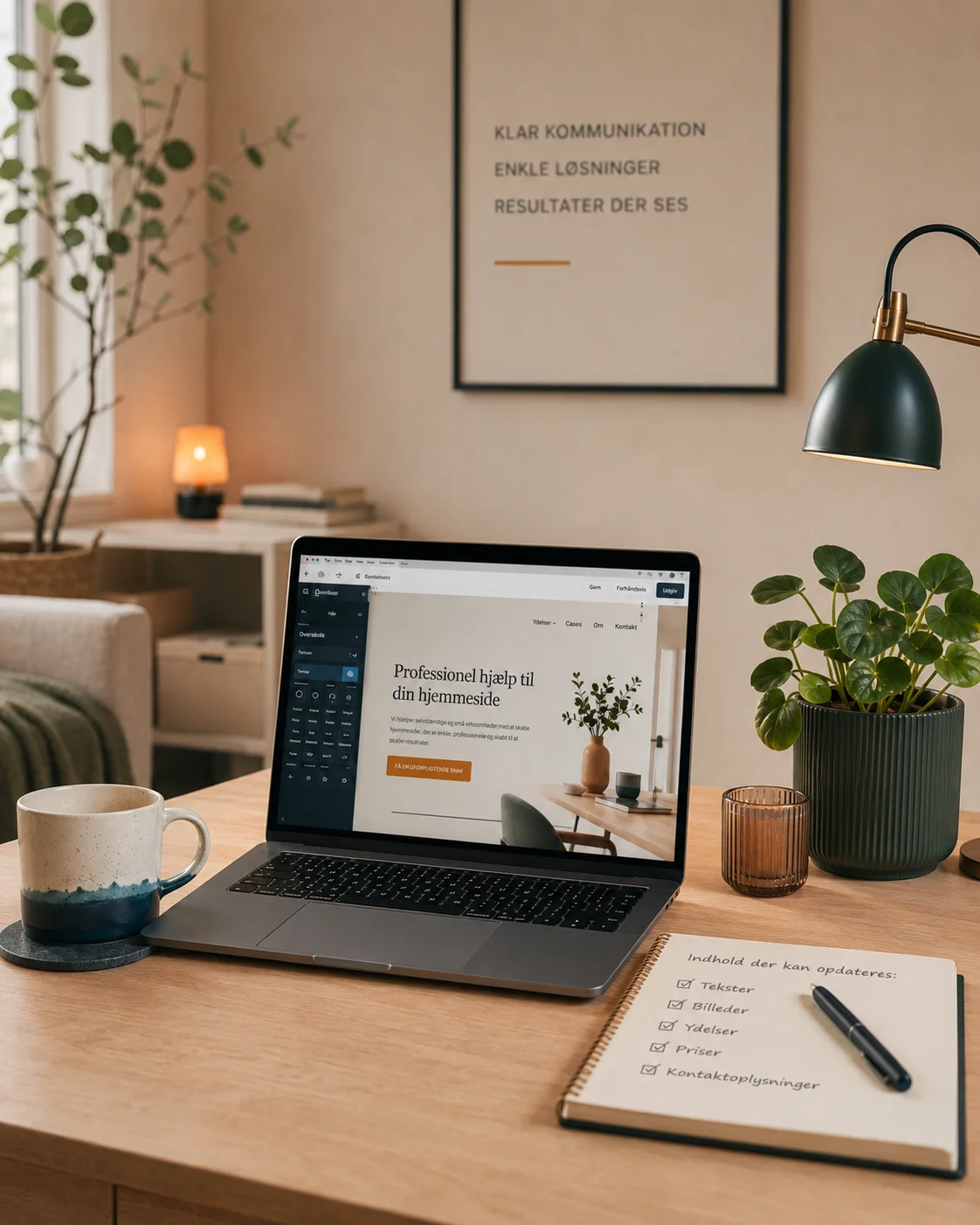 Højformat billede af laptop, plante og notesbog til hjælp med opdatering af hjemmeside
