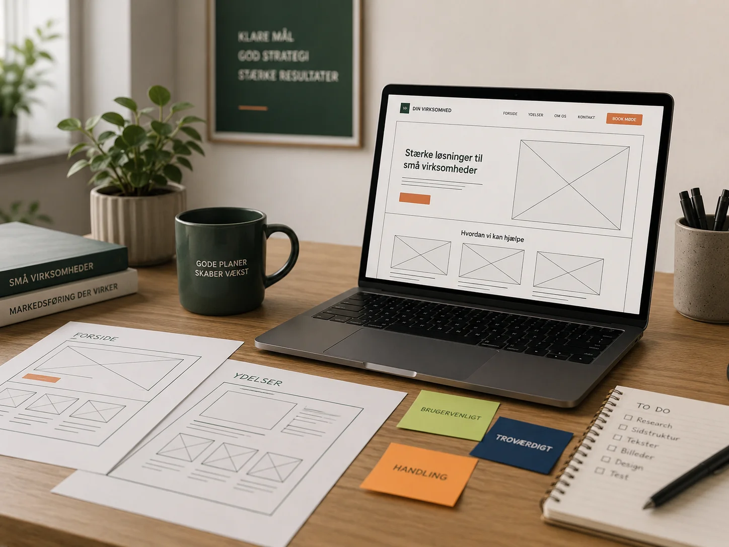 Wireframe og laptop til planlægning af nye sider og sektioner på hjemmeside