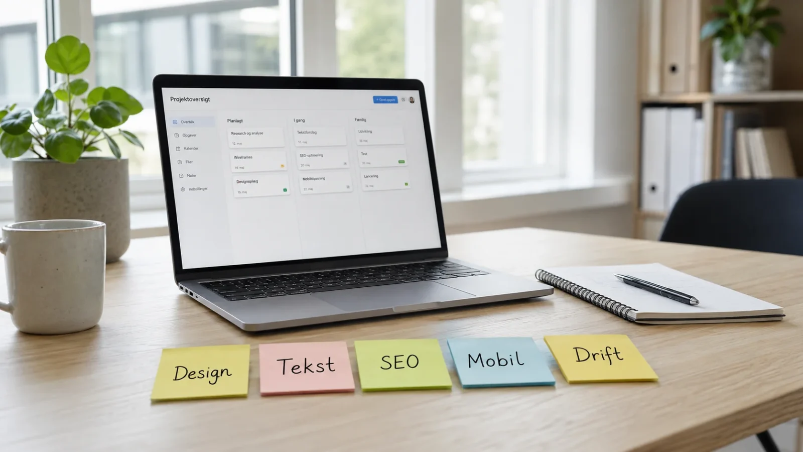 Hjemmesideprojekt med noter om design, tekst, SEO og funktioner
