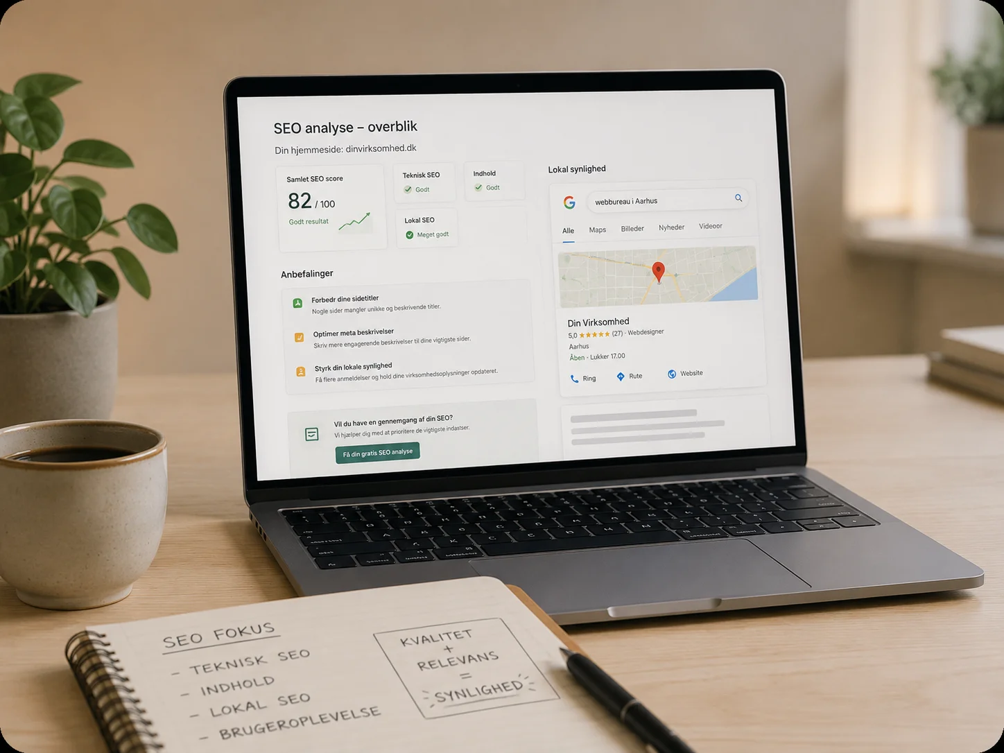 Gratis SEO analyse vist på laptop med hjemmesideoverblik, lokale søgeresultater og konkrete SEO-anbefalinger