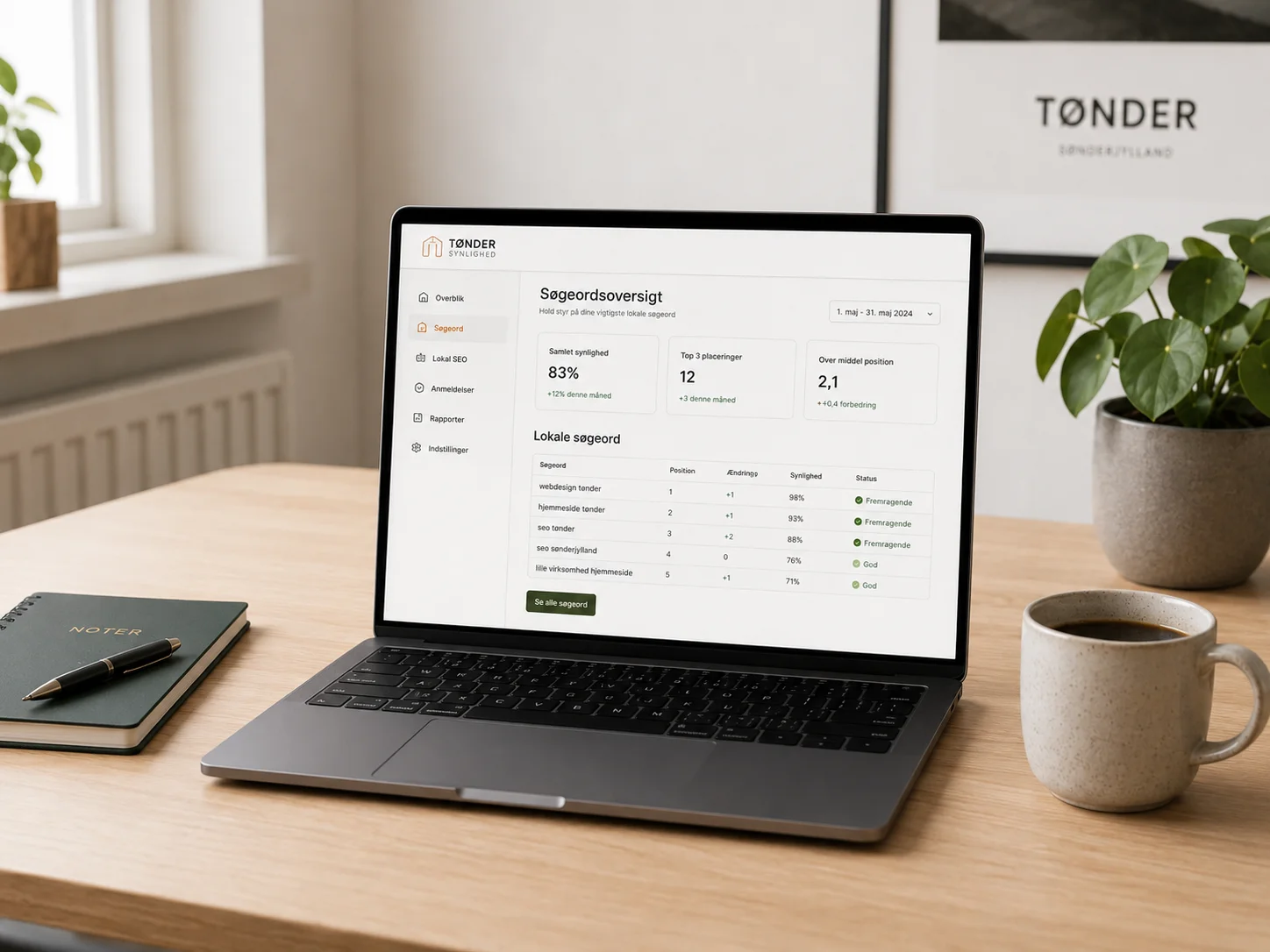 SEO-dashboard på laptop med lokale søgeord for webdesign og hjemmeside i Tønder