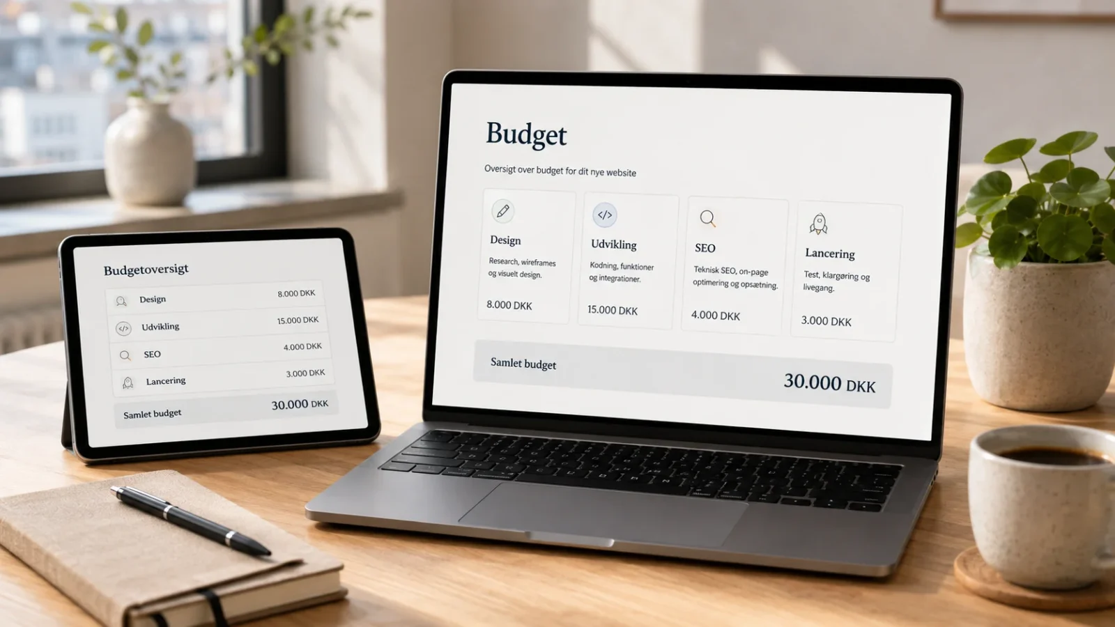 Budgetoverblik for webdesign med priser og projektfaser