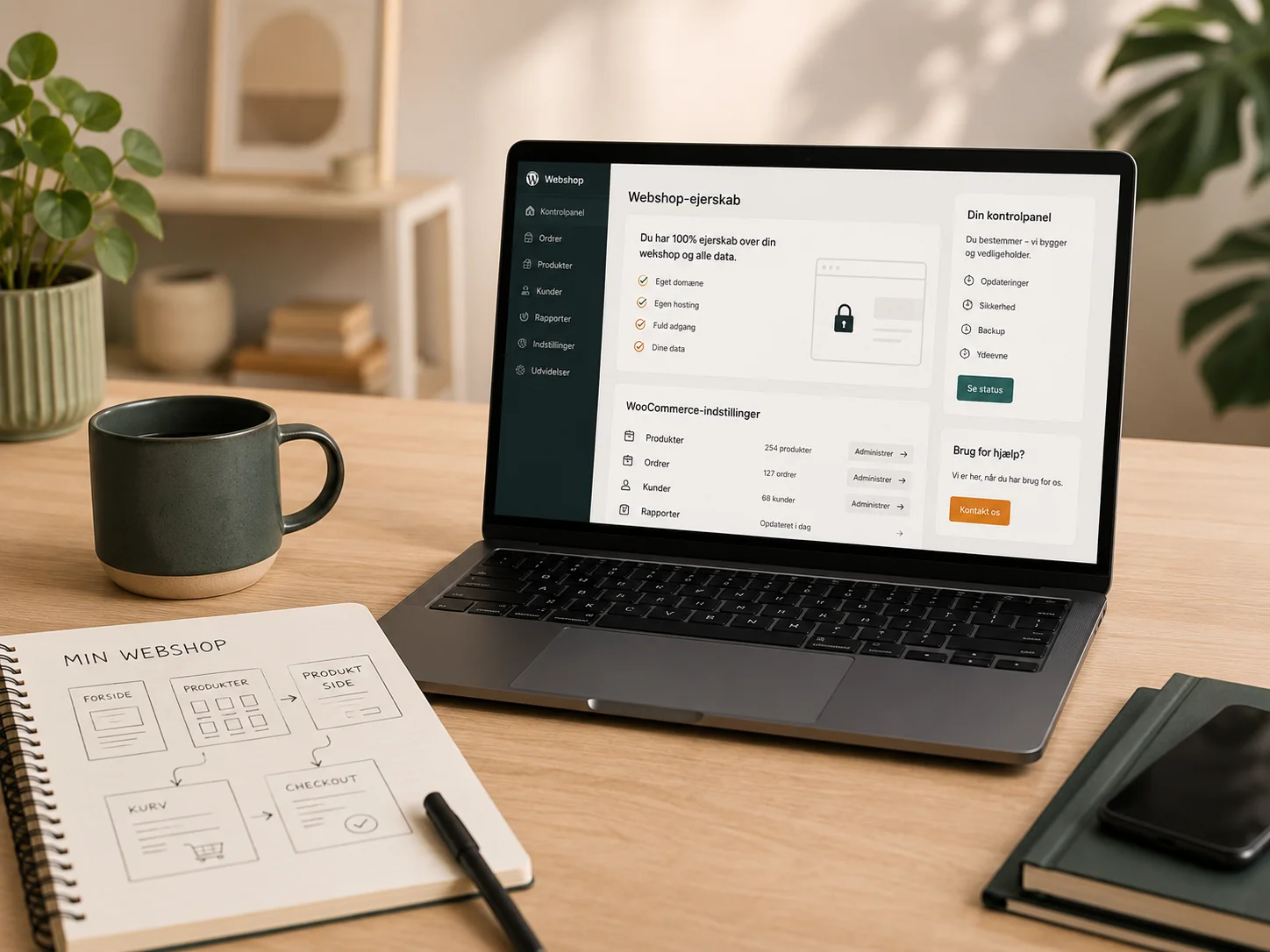 WordPress webshop kontrolpanel med fokus på ejerskab, adgang og overblik over webshoppen
