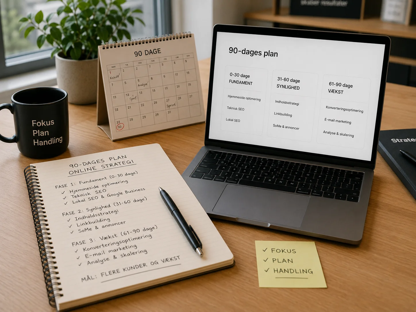 90-dages plan for online strategi på notesbog og laptop