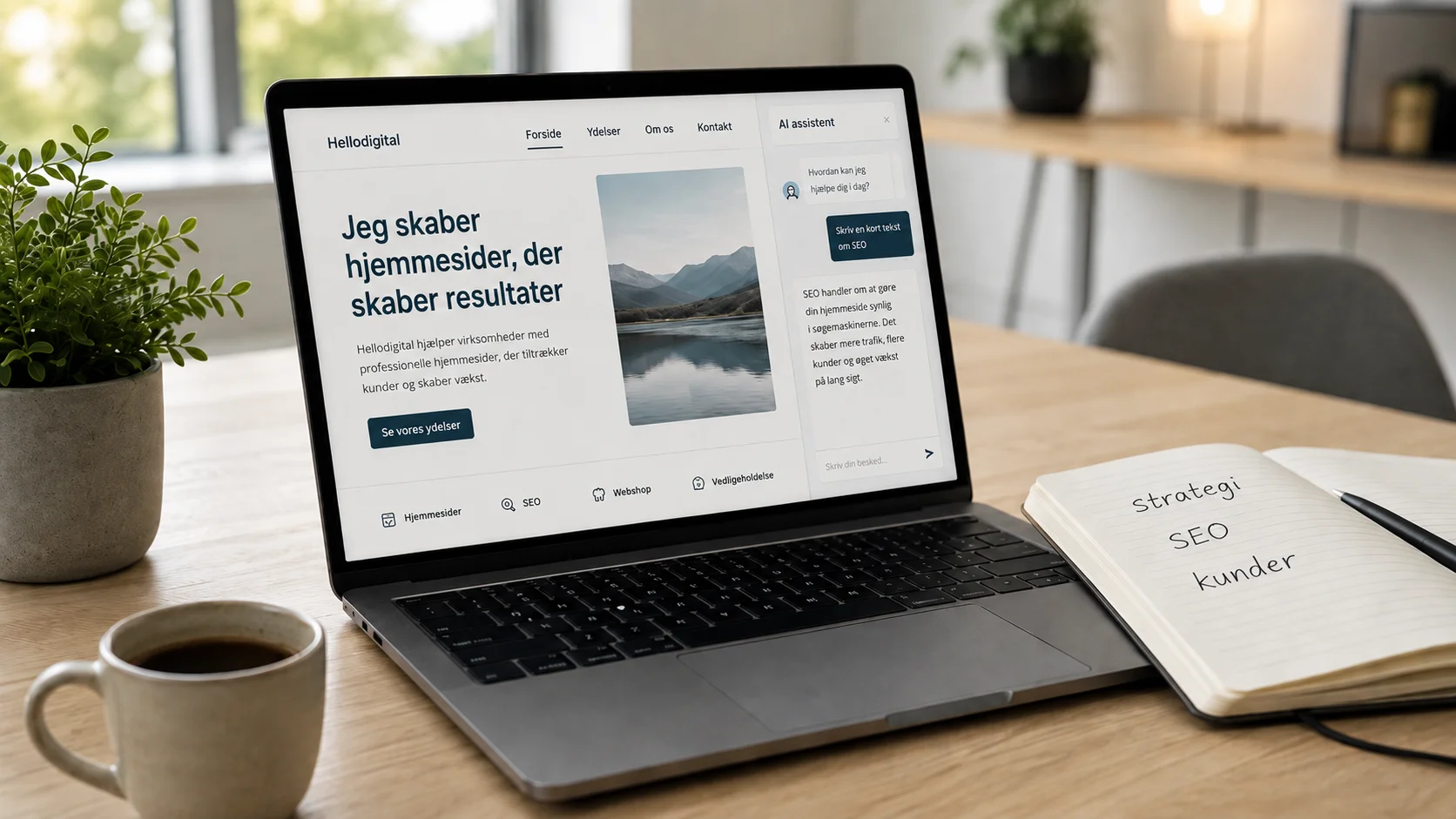 AI-værktøj på laptop ved siden af notesbog med hjemmeside-strategi