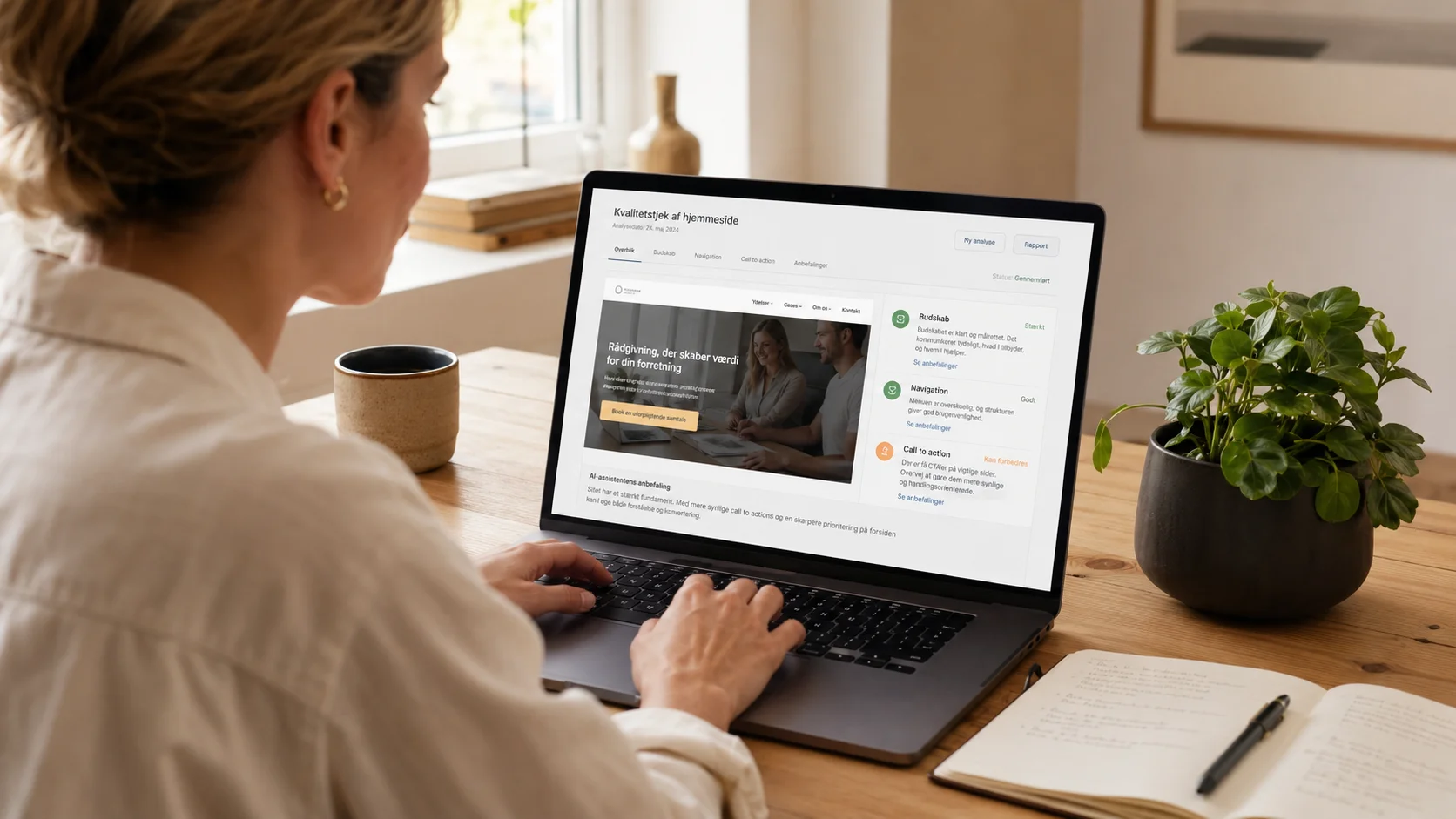 Person kvalitetssikrer en hjemmeside med hjælp fra AI på en laptop